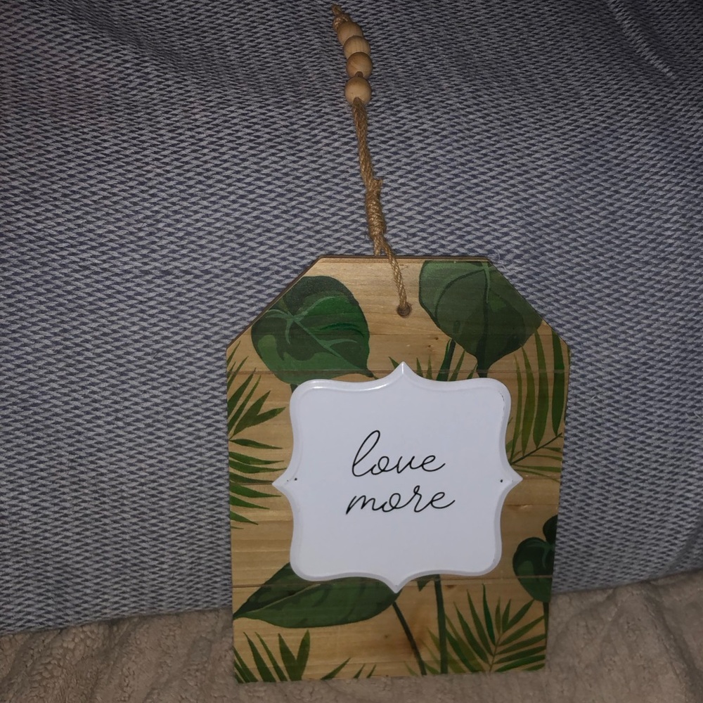 Love More Tropical Wood Hanging Sign - Green Leaves-metal “love more” on wood